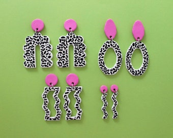 Clay earrings, drop earrings, dangly earrings, handpainted earrings, fimo earrings, pink studs and white and black doodles