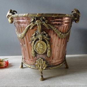 Wonderful Antique Copper and Bronze Cache Pot with Ram head handles /Antique Copper Bronze Planter.