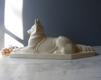 Large French ART DECO German Shepherd White Cracked  Ceramic Statue,signed G.Beauvais.