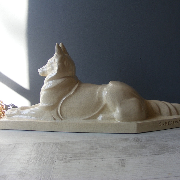 Large French ART DECO German Shepherd White Cracked  Ceramic Statue,signed G.Beauvais.