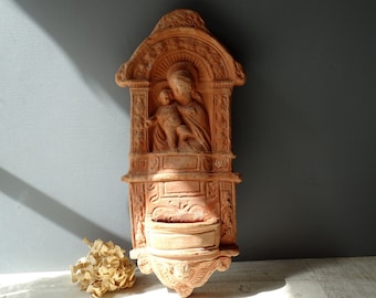 Vintage Terracotta Holy Water Font/Virgin and Child Jesus/Angel decor./Signed.