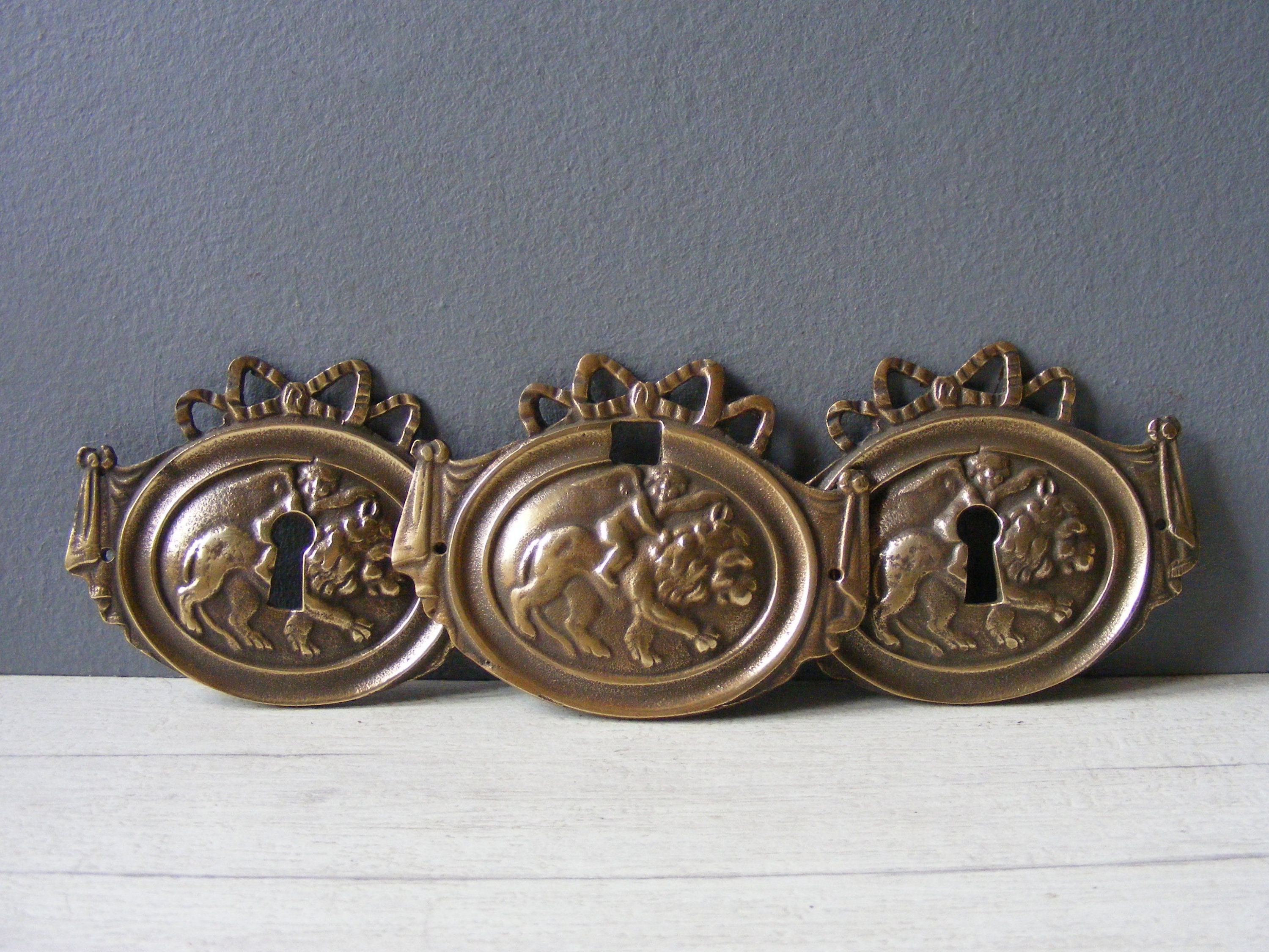 Antique Bronze Lock Ornaments,Angel and Lion Decor.Set of 3.