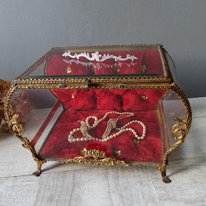 Rare Large Antique French Jewelry Wedding Casket box, Beveled glass, brass ornaments,and red tufted velvet./Large Beveled Glass Trinket Box.