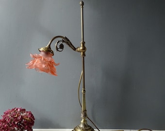 Antique Bronze Rise and Fall Table Lamp,with a pink  glass shade in the shape of rose./Old Bronze Desk lamp.
