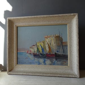 Peinture à l'huile vintage paysage marin méditerranéen par Guy Leflorentin