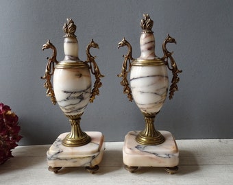 Pair of  French Antique  Mantel Ornament Urns,/Cassolettes,/Marble , and Bronze.