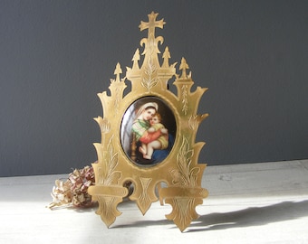 Large Antique French Brass  Religious Frame,with a beautiful hand- painted Madonna and Child  porcelain medallion.