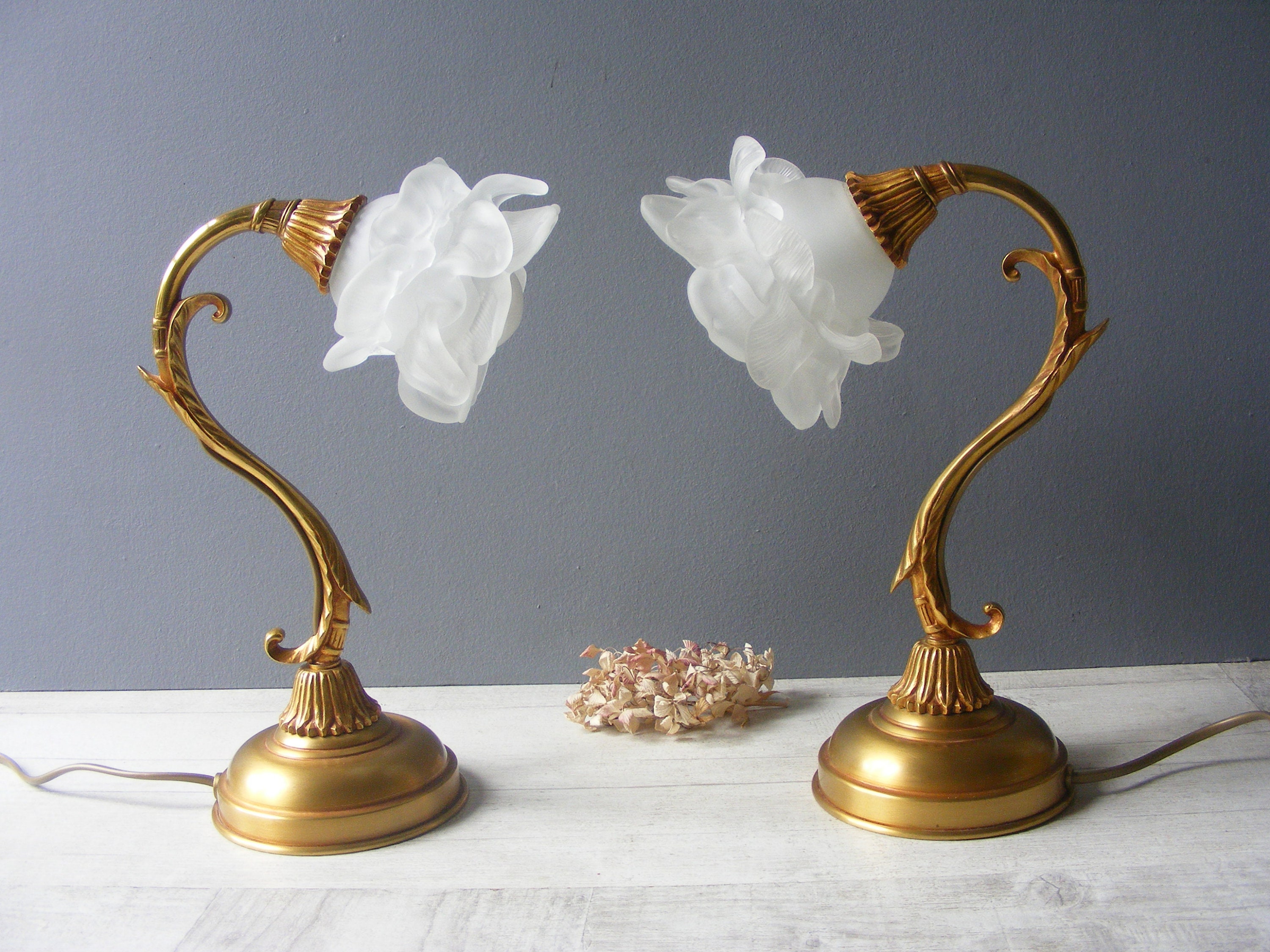 Vintage French Pair of Brass Bedside Lamps with Glass Flower | Etsy