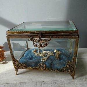 Large  Antique French Jewelry Wedding Casket box, Beveled glass, brass ornaments,and blue tufted velvet./Large Beveled Glass Trinket Box.