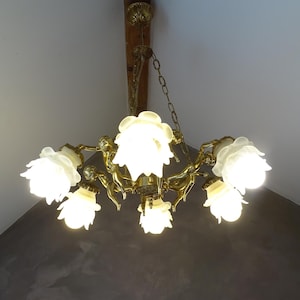 Antique French 6 lights Solid Brass Cherub Suspension,Cherub Chandelier,Pendant light,with glass shades in the shape of flower.