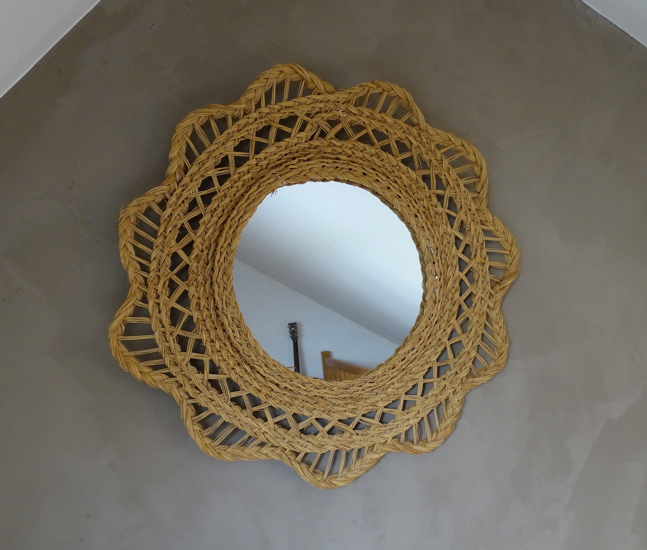 Grand Miroir Mural En Rotin Original Vintage Des Années 1960/Miroir Bohème/Miroir Floral Vintage