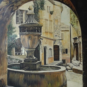 Vintage Painting of a Provencal French Village,Signed./Vintage French Landscape Painting./Vintage French Fountain Painting./St Paul de vence