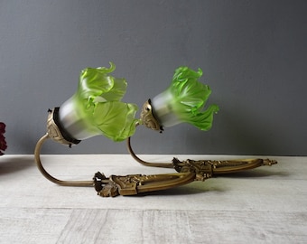Rare French Bronze and Brass Sconces,with Green and White  glass Shades in the shape of flower.