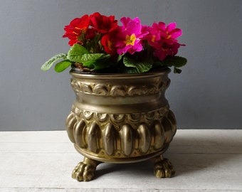 Antique French Embossed Brass Little Cache Pot,Planter,/Feet of Lion.