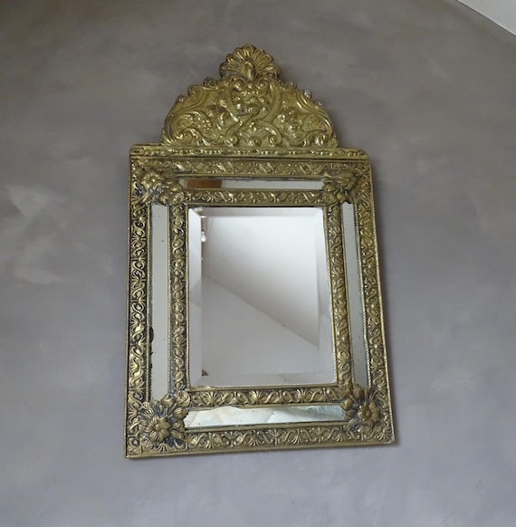 Antique Pareclose Mirror,Cushion Mirror,Embossed Brass Mirror.19 th century.