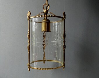 Antique  Brass and  Chiselled Glass Lantern,Star Decor.