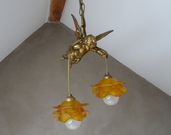 Delightful Antique Flying Cherub Pendant Light,with two  rose amber glass shades./Angel Chandelier.