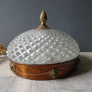 Lámpara de techo empotrada vintage de latón y cristal con diseño de punta de diamante, con decoración de cabeza de león.