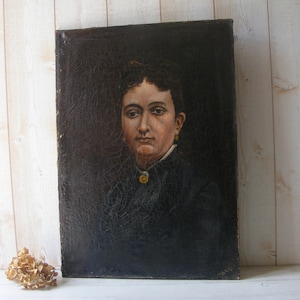 Antyczny francuski duży portret kobiety, obraz szlachetnej damy, olej na płótnie. Podpisany Marin.