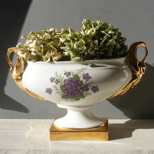 Delicate Vintage French  Porcelain Jardiniere/ Violets Decor,/ golden Swan handles.