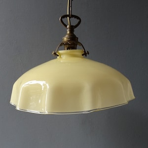 Antique Yellow Opaline Glass Ceiling Light, Lamp/With original brass fixation,chain and canopy.