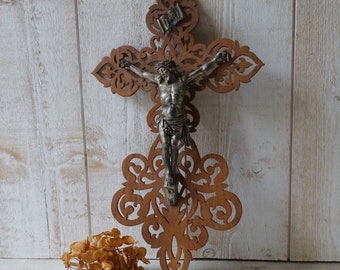 Antique French Hand Carved Wood Christ Crucifix with Spelter Figure