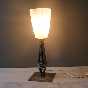French Art Deco Table Lamp,Wrought Iron and White Frosted Glass Shade.1930s.