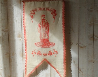Rare Antique French Religious Banner ./St Louis de Gonzague Church Religious Banner.