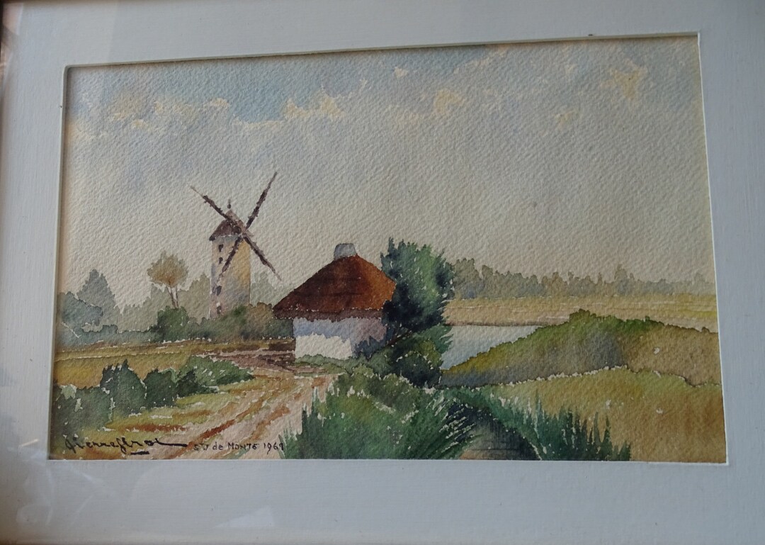 Vintage French Original Vendee Watercolor/signed Girot .1961./ Mill