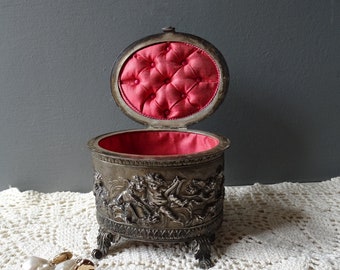 Antique Embossed Silvered  Bronze  Jewelry Box, /Antique Putti Trinket Box with pink silk inside.