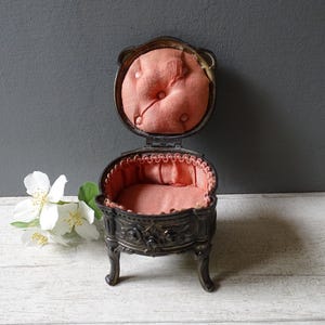 Delicate Vintage Footed  Jewelry Box with pink cloth inside,Orfevrerie Dilecta,numbered.