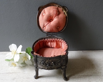 Delicate Vintage Footed  Jewelry Box with pink cloth inside,Orfevrerie Dilecta,numbered.