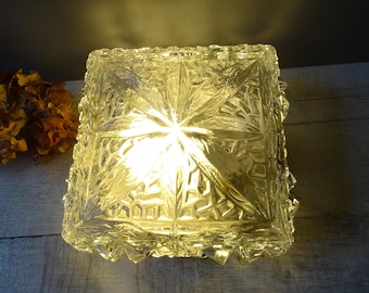 Vintage French Glass Squared Flush Mount Ceiling Light - 1960s Retro Decor