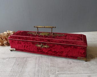 Antique Victorian Velvet Glove Box  with Tufted Silk Interior and Key/ 19th century /Old Velvet Jewelry Box.