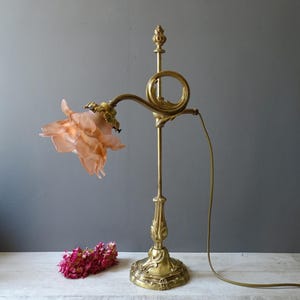 Rare Antique Bronze Rise and Fall Table Lamp,with a pink  glass shade in the shape of rose./Old Bronze Desk lamp.