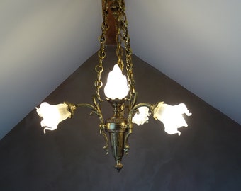 Antique French Bronze Chandelier with Flower Glass Shades