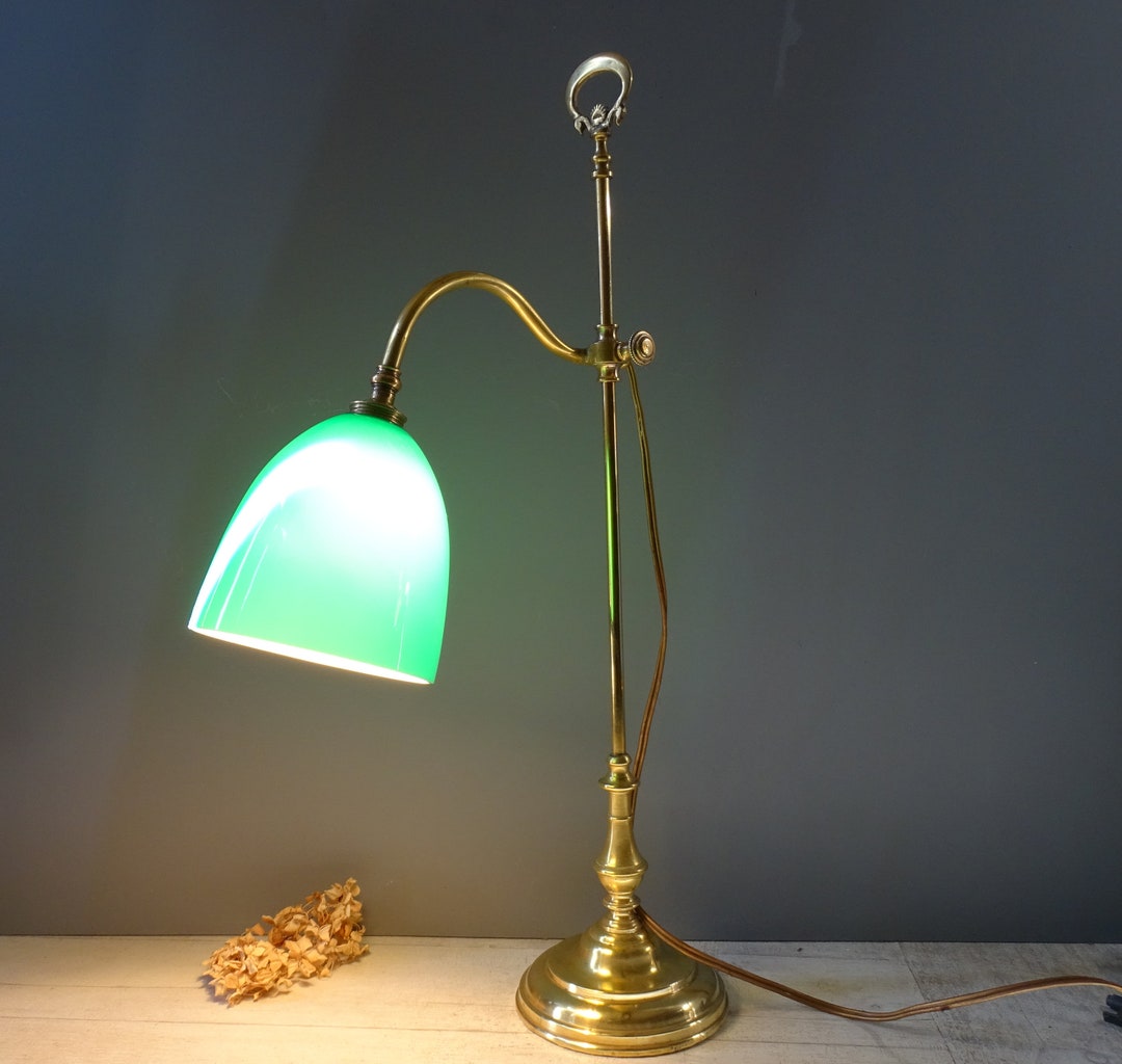Lampada Da Banco Stile Vintage - Paralume In Vetro, Base Dorata, Interruttore A Catena