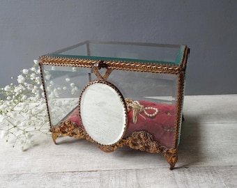 Large Antique French Jewelry Casket: Beveled Glass & Red Velvet Trinket Box