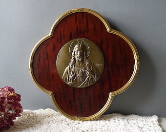 Superb Antique Ruffony Quaterfoil Antique Religious Frame Medal ,Signed,/Wood ,Brass and Bronze./Vintage French Religious  Wall decor.