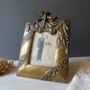 Antique Heavy Bronze Photo Frame,with winged cherub decor./Art Nouveau Bronze Frame.