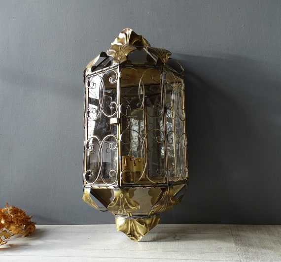 Antique French Brass & Glass Wall Lantern - Retro Home Decor