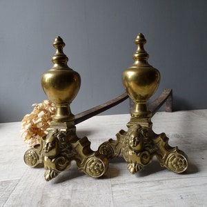 Antique French Brass and Cast Iron Fireplace Andirons,Bust of Woman Decor.