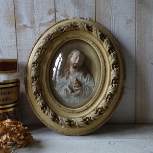Large Antique Jesus Christ Sacred Heart Reliquary/19th Century/Plaster,Wood and Convex Glass./Church Decor./Religious Decor.