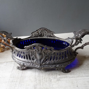 Large Antique French Rocaille Planter with cobalt blue glass inside/Old Table Jardiniere./Vintage Rocaille Centerpiece.