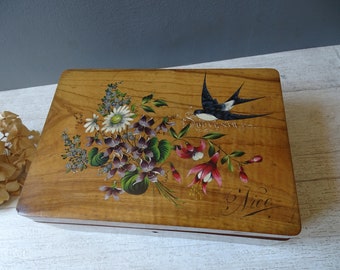 Large Antique FRENCH Olive wood Box/, Antique Souvenirfrom Nice box, hand painted with swallow and flowers,/ Blue Tufted silk Inside.