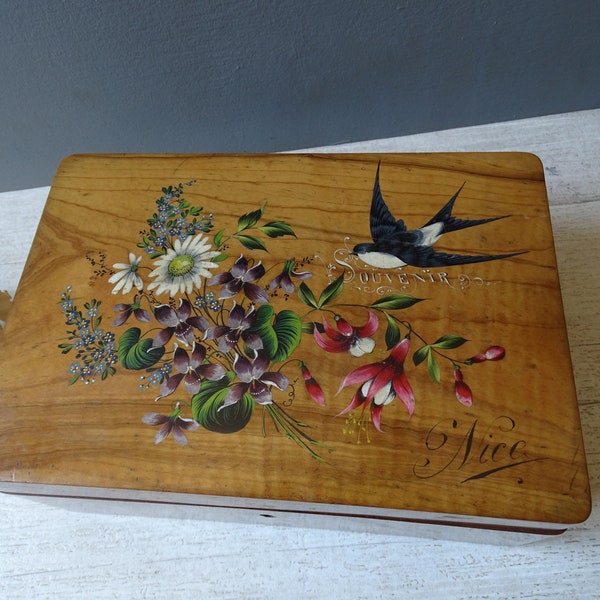 Large Antique FRENCH Olive wood Box/, Antique Souvenirfrom Nice box, hand painted with swallow and flowers,/ Blue Tufted silk Inside.