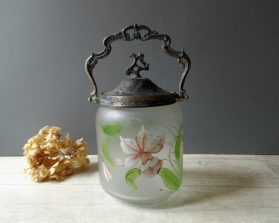 British Made Biscuit / Cookie Jar-Clear Glass-Children Design, with lid-  Vintage