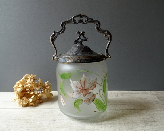 British Made Biscuit / Cookie Jar-Clear Glass-Children Design, with lid-  Vintage