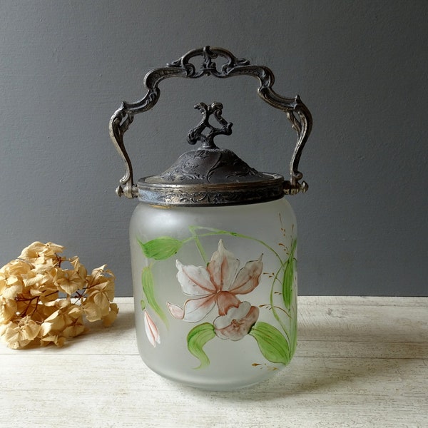 French Antique Glass Biscuit Barrel/Cookie Jar/Hand-painted Enamel Glass.