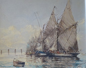 1950s Antique French Sailboat Painting Signed Marcy /Antique Marine Painting Oil on  Canvas Framed./Seascape Painting.